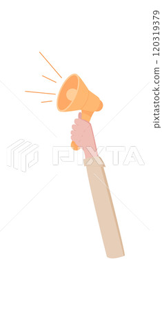 Man hand holds megaphone, hand holding empowerment signboard, person show up support loudspeaker, man hold protest board, people raise revolution flag, character holds strike sign, 120319379