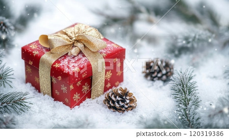 A red gift box with a gold ribbon is sitting in the snow. The box is decorated with snowflakes and is covered in a light dusting of snow. There are pine needles and a pine cone nearby. 120319386