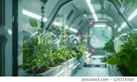 Rows of plants grow under artificial light in a space station greenhouse. 120319388