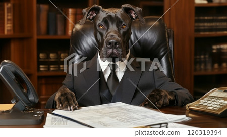 A black dog wearing a suit and tie sits in a... - Stock Illustration ...