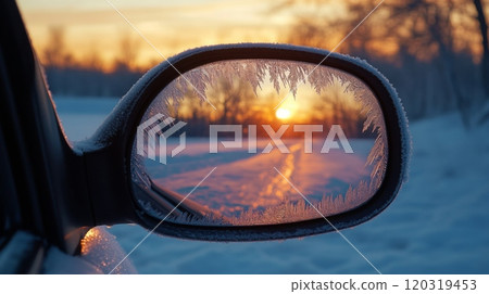 A frosted side mirror of a car captures the beauty of a colorful sunset, illuminating a snowy landscape. The cold winter air adds a touch of serenity to the picturesque scene. 120319453