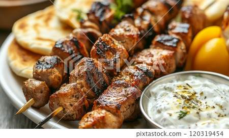 Succulent grilled meat skewers served alongside warm flatbread, tangy yogurt sauce, and garnished with herbs. A delightful blend of flavors ready to be enjoyed. 120319454