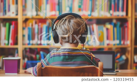 A young child is seated at a table in a library, wearing headphones and focused on a laptop, surrounded by colorful books. 120319455
