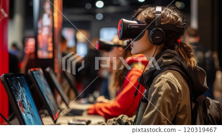 A group of young adults immerses themselves in virtual reality gaming, wearing headsets and focused on screens in a lively entertainment venue. 120319467