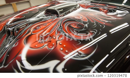 A detailed view of a custom car hood showcasing vibrant red and black airbrush artwork inside a garage. 120319478