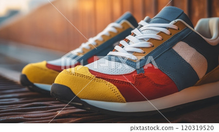 A pair of vibrant retro sneakers featuring a mix of colors rests atop a wooden surface. The scene captures the warm glow of the sunset, creating a relaxed urban atmosphere. 120319520