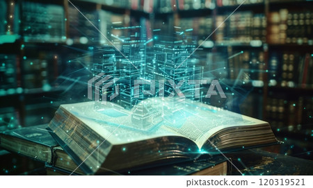 An open book lying on a wooden table in a library, surrounded by shelves of books. 120319521