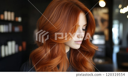 A woman with voluminous, glossy red hair is shown in a contemporary salon. She is focused as a stylist works on her hair, surrounded by sleek decor and hair products, creating a vibrant atmosphere. A woman with voluminous, glossy red hair is shown in a contemporary salon. She is focused as a stylist works on her hair, surrounded by sleek decor and hair products, creating a vibrant atmosphere. 120319554