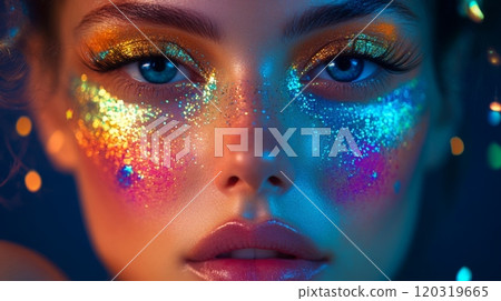 A close-up of a person showcasing a vibrant makeup design featuring sparkling glitter and bright eyeshadow under festive lights. A close-up of a person showcasing a vibrant makeup design featuring sparkling glitter and bright eyeshadow under festive lights. 120319665