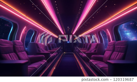 The interior of a spacecraft is lit by pink and orange neon lights. The seats are purple and face towards the front of the ship 120319687