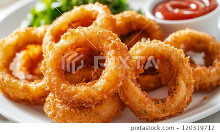 A plate of golden-brown, crispy onion rings is accompanied by a small bowl of ketchup and fresh greens. 120319712