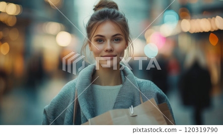 A young woman stands confidently in a bustling urban street, holding shopping bags while smiling. 120319790