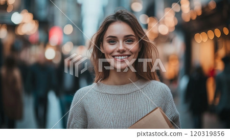 A woman smiles broadly while strolling through a lively street, surrounded by blurred crowds and twinkling lights in the evening. Her relaxed outfit complements the cheerful atmosphere of the area. 120319856