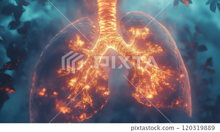 Glowing lungs resemble intricate branches, illuminated by soft light, surrounded by a mystical forest atmosphere 120319889