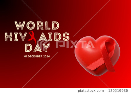 AIDS day, red ribbon and heart on a red background with text 120319986