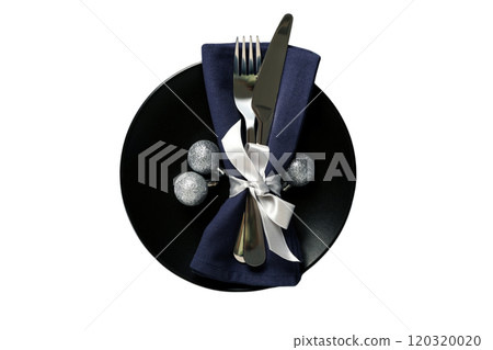 PNG, Christmas table setting, plate on table, isolated on white background. 120320020