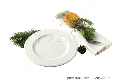 PNG, Christmas table setting, plate on table, isolated on white background. 120320026