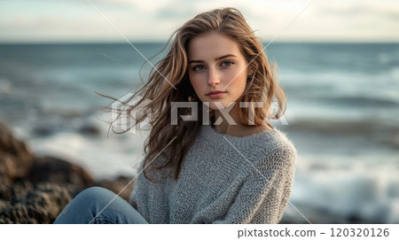 A young woman with flowing hair gazes thoughtfully at the horizon while sitting on rocky shores. The ocean waves crash gently around her as the sun sets, creating a serene atmosphere. 120320126