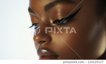 A model highlights striking eyeliner and radiant skin, posing gracefully in a beauty studio with soft lighting. 120320127