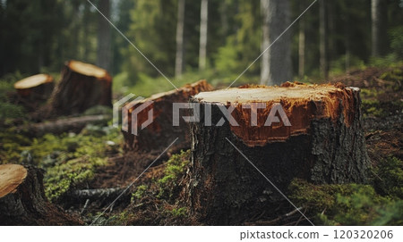 Freshly cut tree stumps lie on the forest floor, surrounded by green moss and tall trees, with soft light filtering through the foliage. 120320206