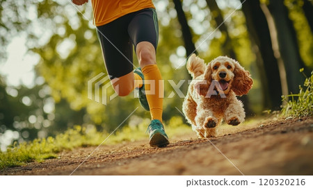 A person wearing athletic gear jogs along a dirt path in a park. Their cheerful dog, with curly fur, happily runs beside them, enjoying the fresh air and outdoor activity during the afternoon. A person wearing athletic gear jogs along a dirt path in a park. Their cheerful dog, with curly fur, happily runs beside them, enjoying the fresh air and outdoor activity during the afternoon. 120320216