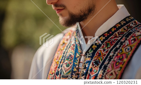 A young man stands outdoors, adorned in a colorful, traditional embroidered vest that showcases intricate designs, engaged in contemplation amidst a natural setting. 120320231
