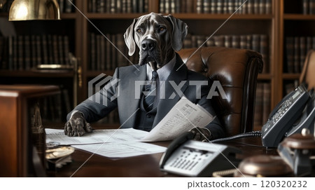 A dog dressed in a tailored suit sits confidently at a wooden desk stacked with documents in an office filled with bookshelves A dog dressed in a tailored suit sits confidently at a wooden desk stacked with documents in an office filled with bookshelves 120320232
