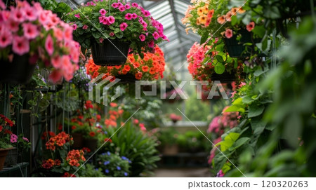 Colorful hanging flower baskets adorn the inside of a greenhouse, creating a vibrant and inviting atmosphere filled with blooming plants. 120320263