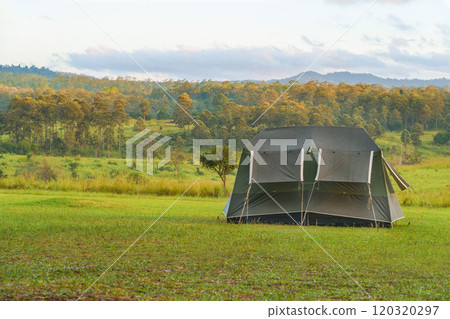 Tourist dome tent camping at forest camping site 120320297