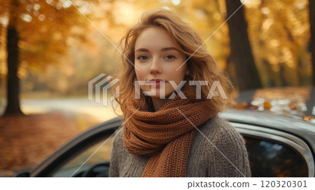 A young woman with curly hair stands beside a parked car, wearing a warm, knitted scarf and sweater. The vibrant autumn leaves create a picturesque backdrop, highlighting the beauty of the season. A young woman with curly hair stands beside a parked car, wearing a warm, knitted scarf and sweater. The vibrant autumn leaves create a picturesque backdrop, highlighting the beauty of the season. 120320301