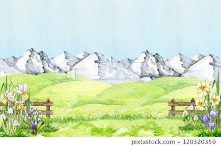 Spring season landscape background. Green grass, blooming flowers , mountain range hand drawn watercolor illustration. Background for Easter decor, seasonal cards and nature countryside designs Spring season landscape background. Green grass, blooming flowers , mountain range hand drawn watercolor illustration. Background for Easter decor, seasonal cards and nature countryside designs 120320359