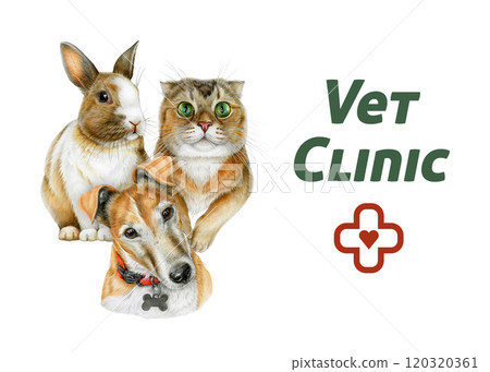 Vet clinic banner with realistic cute cat, dog, bunny illustration red cross, heart and Vet Clinic text. Perfect for pet products, veterinary clinics, animal healthcare branding. White background 120320361