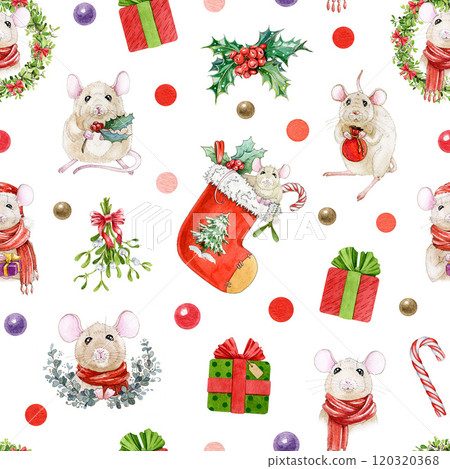 Christmas mood seamless pattern with funny mice, winter time traditional decor in hand drawn vintage style. Perfect for holiday projects, Christmas decor, seasonal gift wrap design. White background Christmas mood seamless pattern with funny mice, winter time traditional decor in hand drawn vintage style. Perfect for holiday projects, Christmas decor, seasonal gift wrap design. White background 120320368