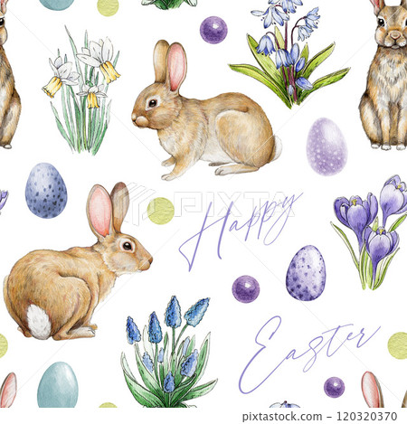 Cute bunnies surrounded by spring flowers, painted eggs seamless pattern. Hand drawn decor with bunnies primroses, snowdrops, daffodils, crocuses. Easter decor, backgrounds, seasonal designs element 120320370