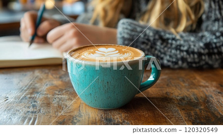 A person writes in a notebook while enjoying a latte with intricate foam art in a cozy cafe setting. 120320549