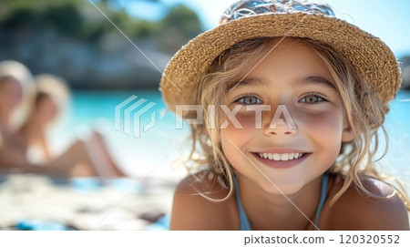 A cheerful young girl with long hair and a straw hat poses happily by the beach. Family members can be seen relaxing in the background, enjoying the sun and water. 120320552