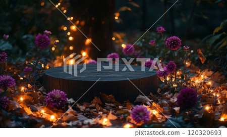 A wooden stump sits in the middle of a garden. The stump is surrounded by purple flowers and string lights. There are leaves on the ground around the stump A wooden stump sits in the middle of a garden. The stump is surrounded by purple flowers and string lights. There are leaves on the ground around the stump 120320693