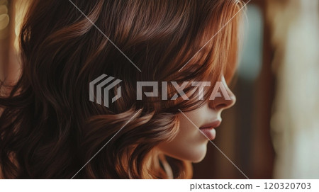A young woman with wavy auburn hair is captured in profile, illuminated by soft light, with a blurred background enhancing her serene expression. 120320703