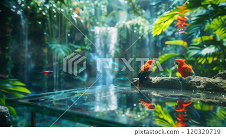 Two parrots perch on a branch overlooking a waterfall in a lush, tropical setting. The reflection of the parrots can be seen in the still water below. 120320719