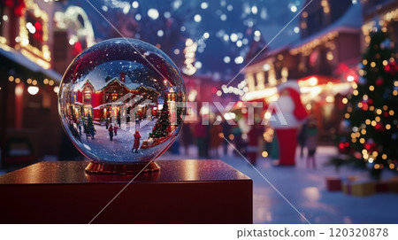 A beautiful Christmas village is showcased inside a snow globe, featuring twinkling lights and snowy streets. The enchanting scene is set against a backdrop filled with holiday decorations and cheer. 120320878