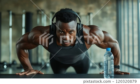 A determined athlete performs push-ups in a well-lit gym, wearing headphones. A water bottle sits nearby, highlighting the focus on fitness and hydration during this intense workout. 120320879
