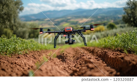 A drone hovers above newly cultivated soil in a rural area, gathering agricultural data amid vibrant greenery and distant hills under a bright sky. A drone hovers above newly cultivated soil in a rural area, gathering agricultural data amid vibrant greenery and distant hills under a bright sky. 120320887