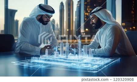 Two men in traditional attire discuss urban planning while examining a holographic display of a city model. The skyline of a modern city is visible through the window, creating a dynamic atmosphere. 120320908