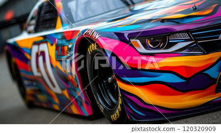 A vibrant racing car featuring bold graphic designs stands ready on the track, showcasing its striking colors and detailed artwork under bright daylight. 120320909