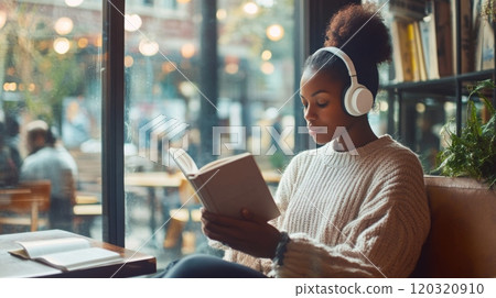A young woman wearing headphones is deeply engrossed in a book while seated at a cafe. Soft lighting and others around create a warm atmosphere perfect for reading and relaxation. 120320910