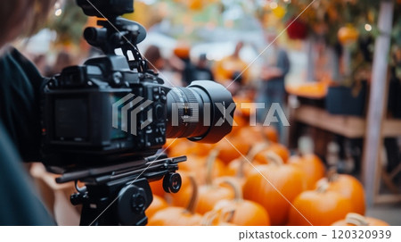 A camera is set up on a tripod, focused on a vibrant pumpkin patch filled with pumpkins. The bustling atmosphere of a local market captures the essence of autumn festivities. 120320939