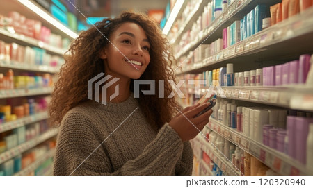 A young woman browses a variety of beauty products on store shelves, holding her phone in one hand while checking the selection. She appears happy and engaged in her shopping experience. 120320940