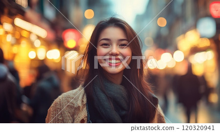 A young asian woman with a bright smile walks through a bustling city street. The warm glow of lights surrounds her as people pass by, creating a lively atmosphere during the evening hours. 120320941