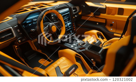 A sleek luxury SUV interior featuring vibrant orange accents, advanced dashboard, and comfortable seating, designed for a contemporary driving experience. A sleek luxury SUV interior featuring vibrant orange accents, advanced dashboard, and comfortable seating, designed for a contemporary driving experience. 120321002