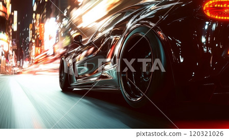 A sleek black sports car speeds down a vibrant city street at night, surrounded by colorful lights and motion blur. A sleek black sports car speeds down a vibrant city street at night, surrounded by colorful lights and motion blur. 120321026